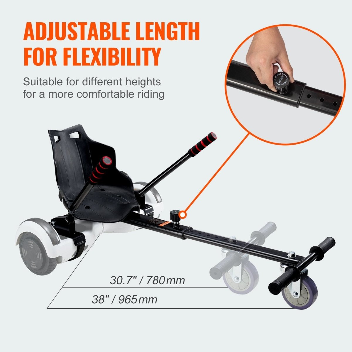 VEVOR Hoverboard Seat Attachment, Compatible with All 16.5cm20.3cm21.6cm25.4 Hoverboards,Grips Control,Adjustable Frame Length and 99.8 kg Load Capacity,Hover Board Go Karts Accessory,for Kids Adults | Outdoorium