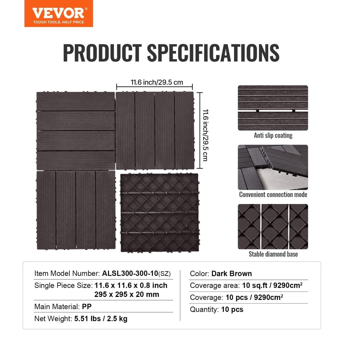 VEVOR Interlocking Deck Tiles, 10 Pack,12"x12" 10 sq. ft Plastic Waterproof Outdoor Flooring All Weather Use, Patio Floor Decking Covering Tiles for Porch Poolside Balcony Backyard, Dark Brown | Pet Care > Dog Supplies > Dog Playpens & Gates