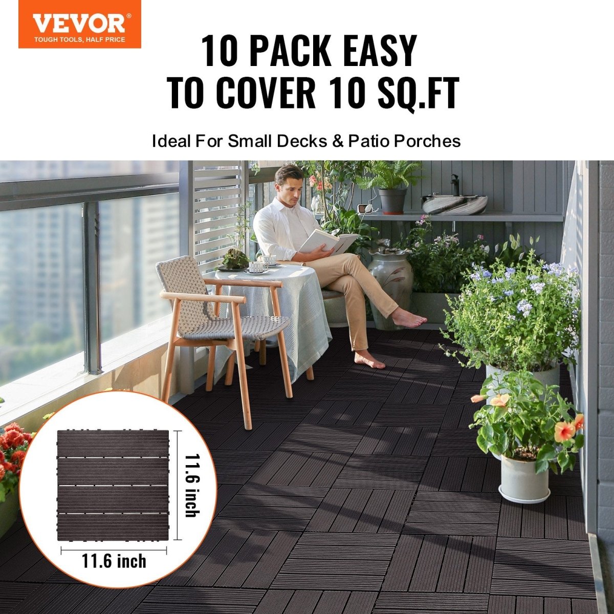 VEVOR Interlocking Deck Tiles, 10 Pack,12"x12" 10 sq. ft Plastic Waterproof Outdoor Flooring All Weather Use, Patio Floor Decking Covering Tiles for Porch Poolside Balcony Backyard, Dark Brown | Pet Care > Dog Supplies > Dog Playpens & Gates