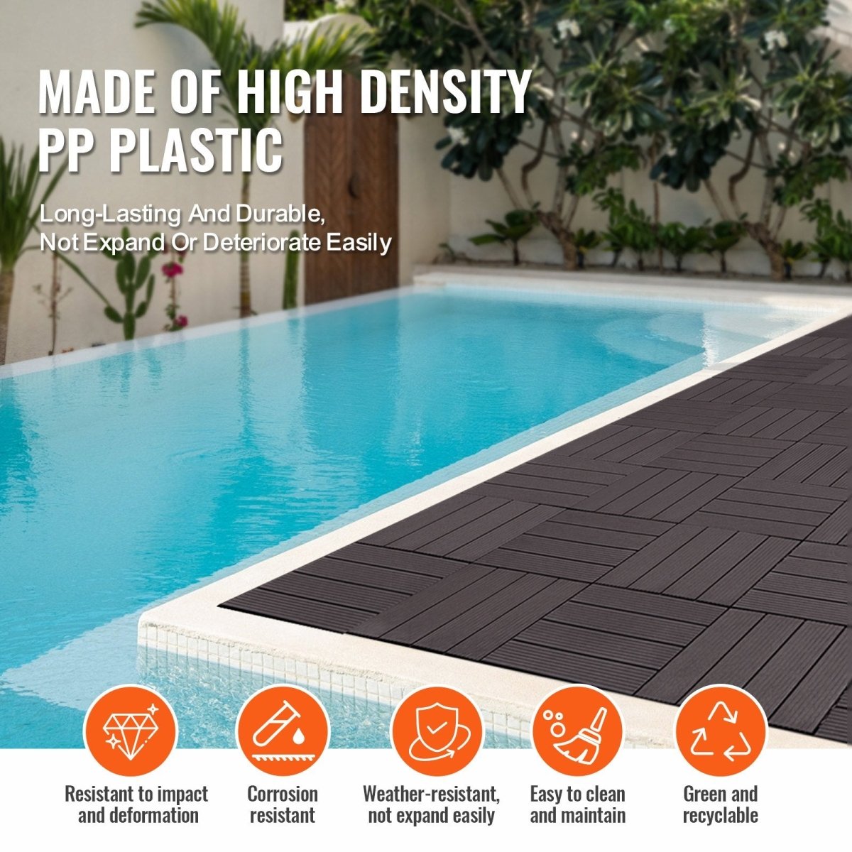 VEVOR Interlocking Deck Tiles, 36 Pack,11.6"x11.6" 36 sq. ft Plastic Waterproof Outdoor Flooring All Weather Use, Patio Floor Decking Covering Tiles for Porch Poolside Balcony Backyard, Dark Brown | Pet Care > Dog Supplies > Dog Playpens & Gates