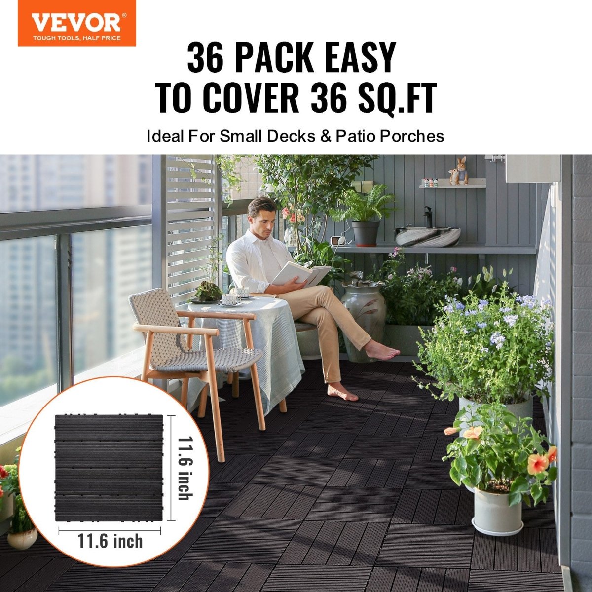 VEVOR Interlocking Deck Tiles, 36 Pack,11.6"x11.6" 36 sq. ft Plastic Waterproof Outdoor Flooring All Weather Use, Patio Floor Decking Covering Tiles for Porch Poolside Balcony Backyard, Dark Brown | Pet Care > Dog Supplies > Dog Playpens & Gates