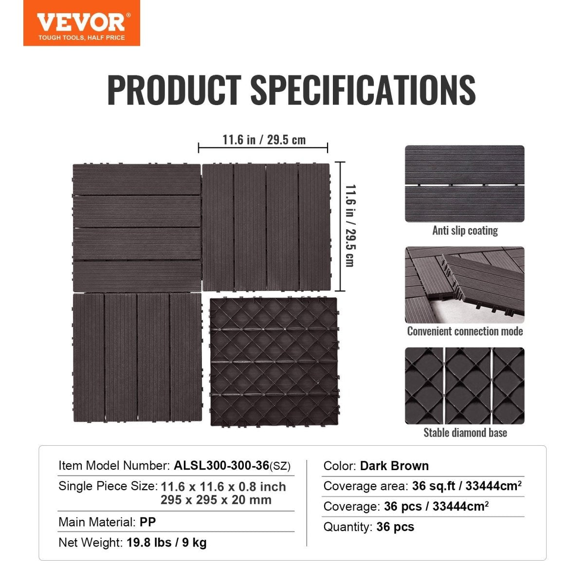 VEVOR Interlocking Deck Tiles, 36 Pack,11.6"x11.6" 36 sq. ft Plastic Waterproof Outdoor Flooring All Weather Use, Patio Floor Decking Covering Tiles for Porch Poolside Balcony Backyard, Dark Brown | Pet Care > Dog Supplies > Dog Playpens & Gates