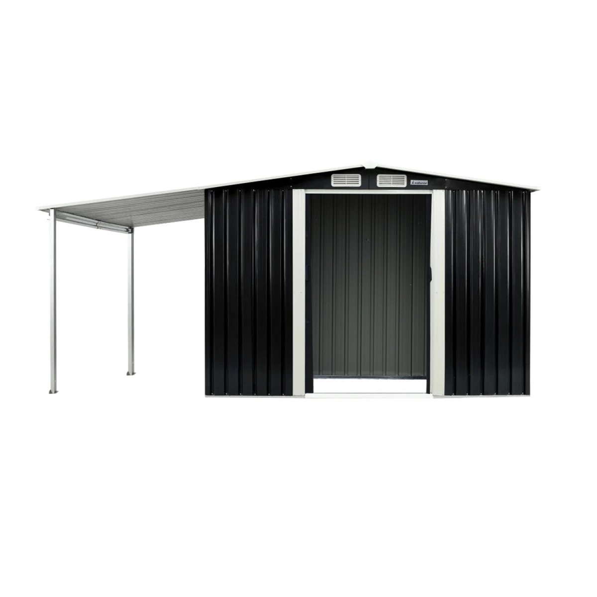 Wallaroo 10x8ft Zinc Steel Garden Shed with Open Storage - Black - Outdoorium