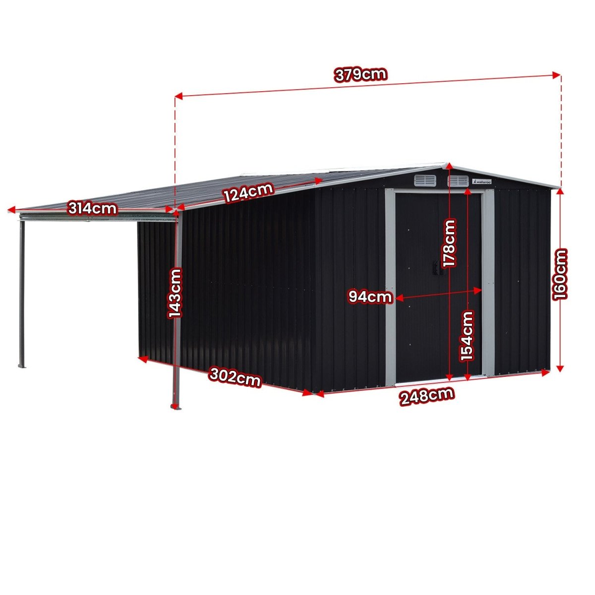 Wallaroo 10x8ft Zinc Steel Garden Shed with Open Storage - Black - Outdoorium