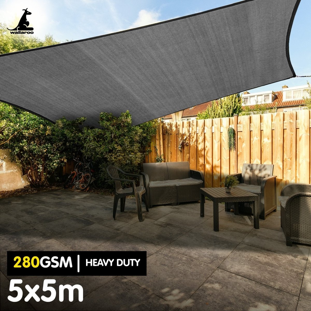 Wallaroo 280gsm Outdoor Square Sun Shade Sail Canopy Grey - 5m X 5m - Outdoorium