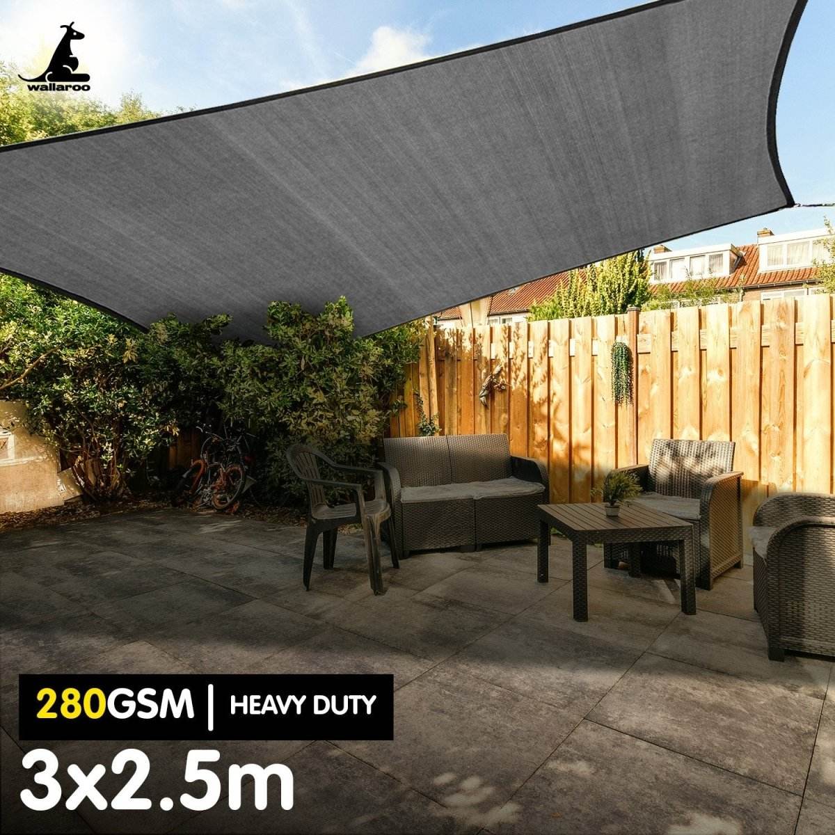 Wallaroo 280gsm Outdoor Sun Shade Sail Canopy Grey - 3m X 2.5m - Outdoorium