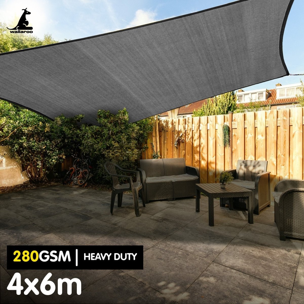 Wallaroo 280gsm Outdoor Sun Shade Sail Canopy Grey - 4m X 6m - Outdoorium