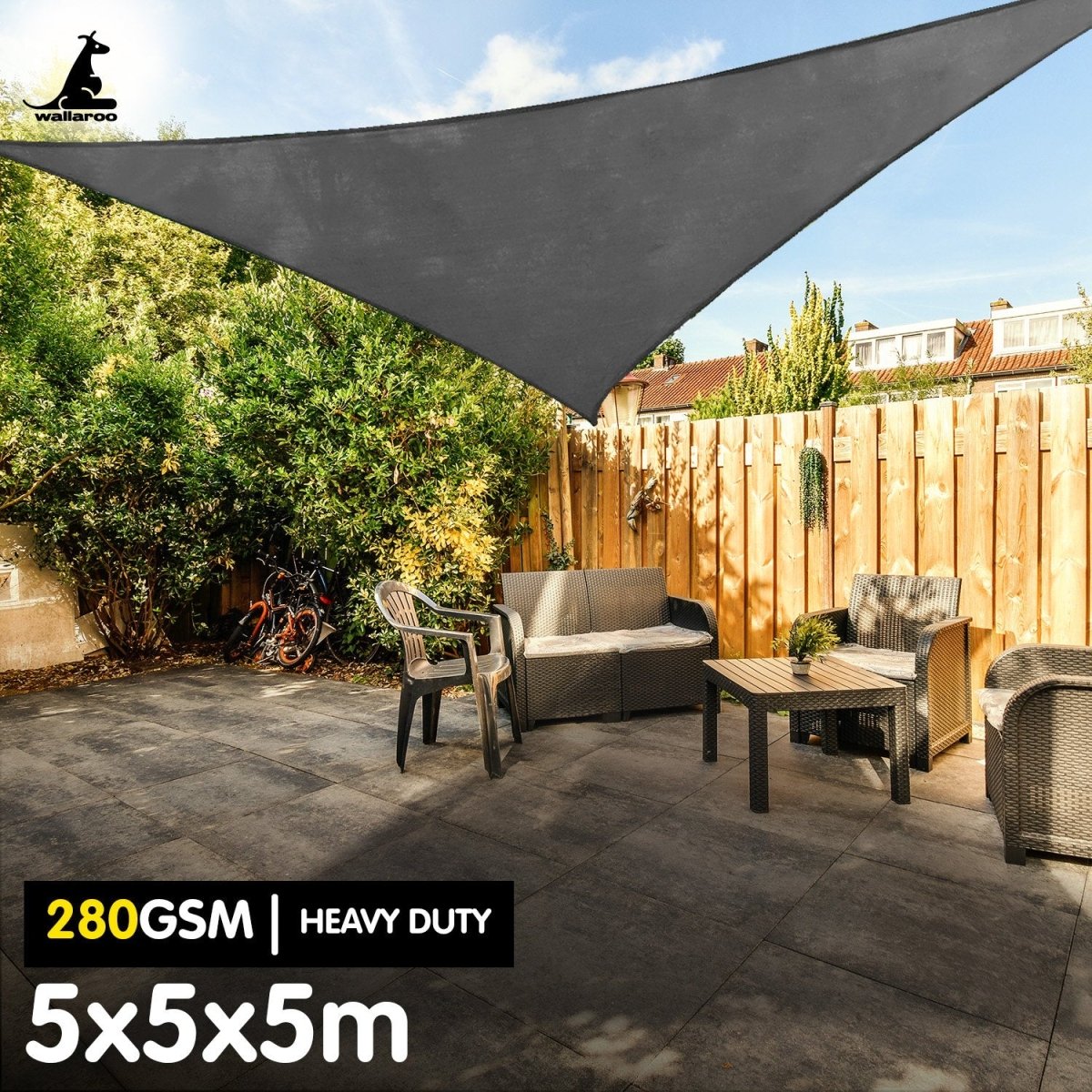 Wallaroo 280gsm Outdoor Sun Shade Sail Canopy Grey - 5m X 5m X 5m - Outdoorium