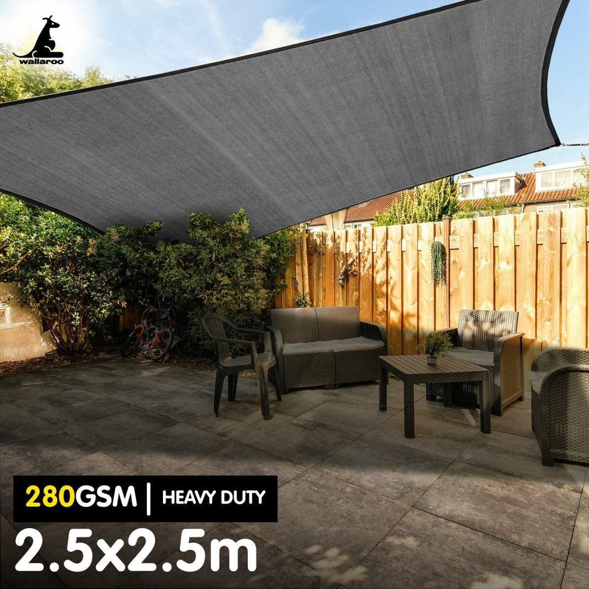 Wallaroo 280gsm Outdoor Sun Shade Sail Canopy Grey Square 2.5m X 2.5m - Outdoorium