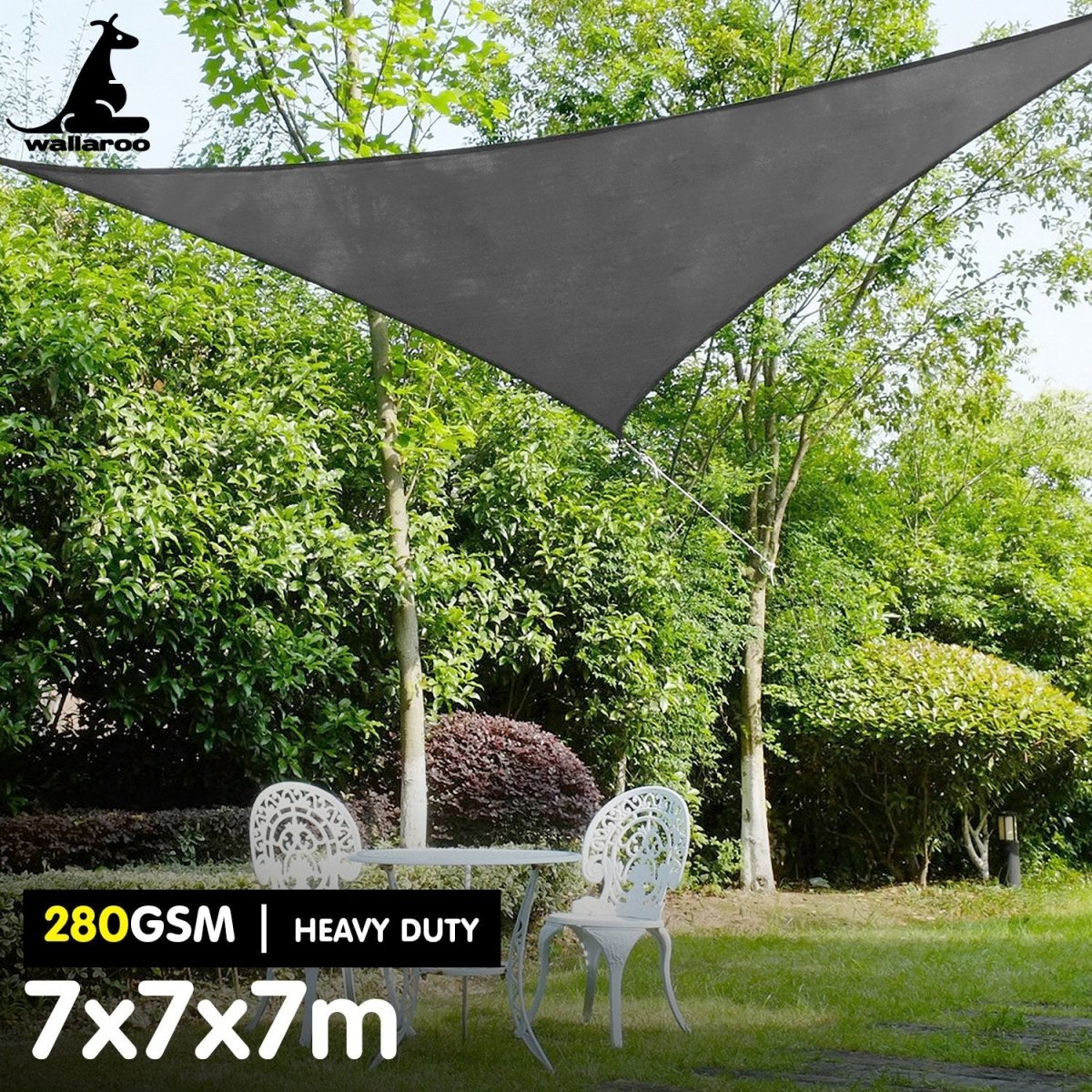 Wallaroo 280GSM Outdoor Sun Shade Sail Canopy Grey Triangle 7m x 7m x 7m - Outdoorium