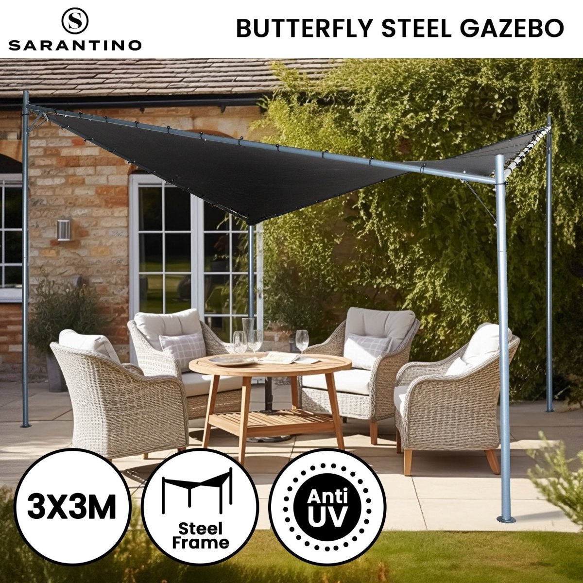 Wallaroo 3x3m Butterfly Steel Gazebo - Charcoal - Outdoorium