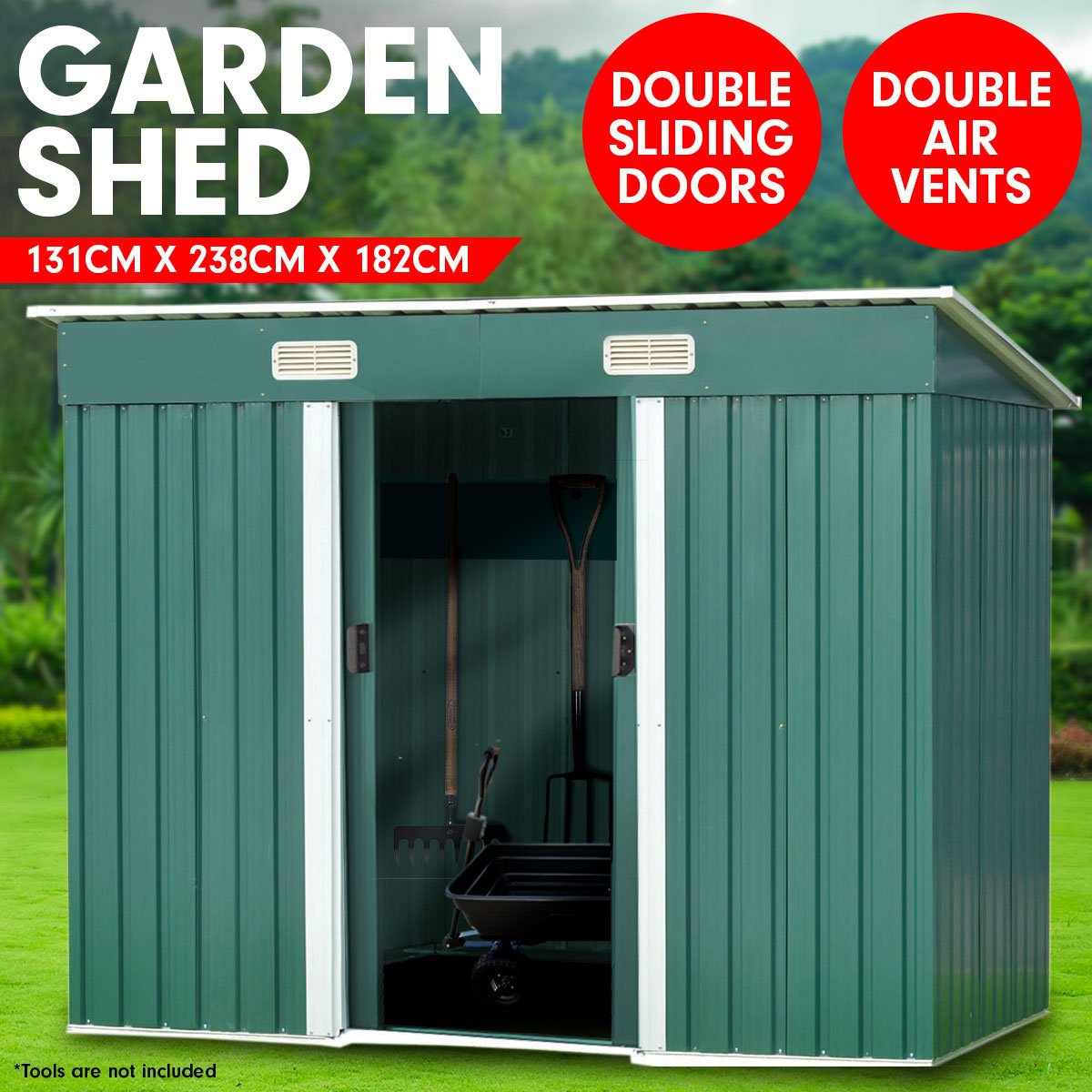 Wallaroo 4ft x 8ft Garden Shed Flat Roof Outdoor Storage - Green - Outdoorium