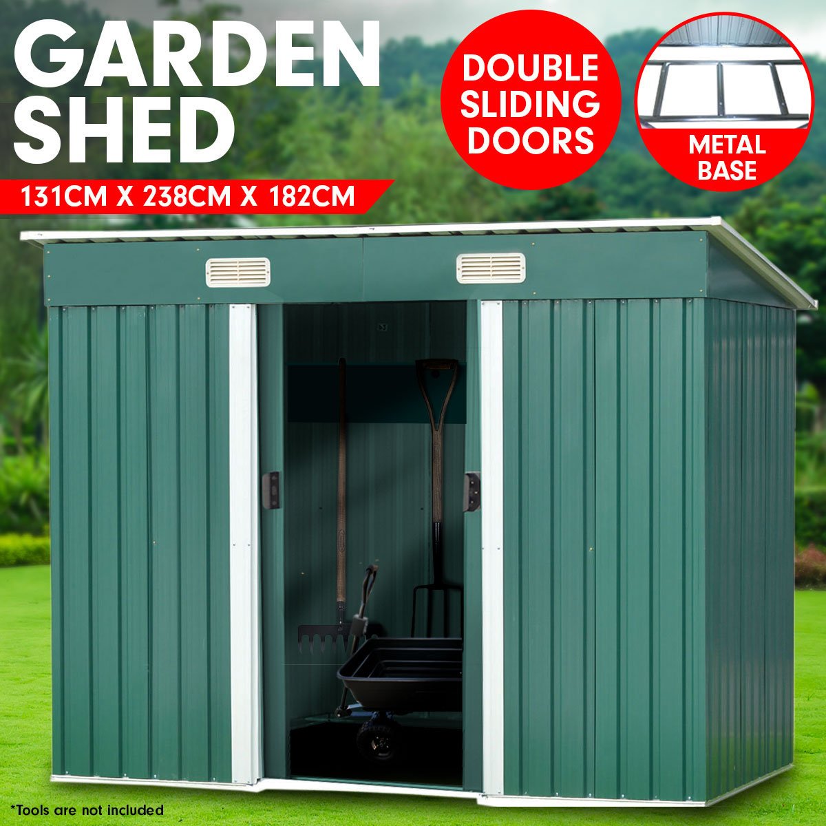 Wallaroo 4ft x 8ft Garden Shed with Base Flat Roof Outdoor Storage - Green - Outdoorium