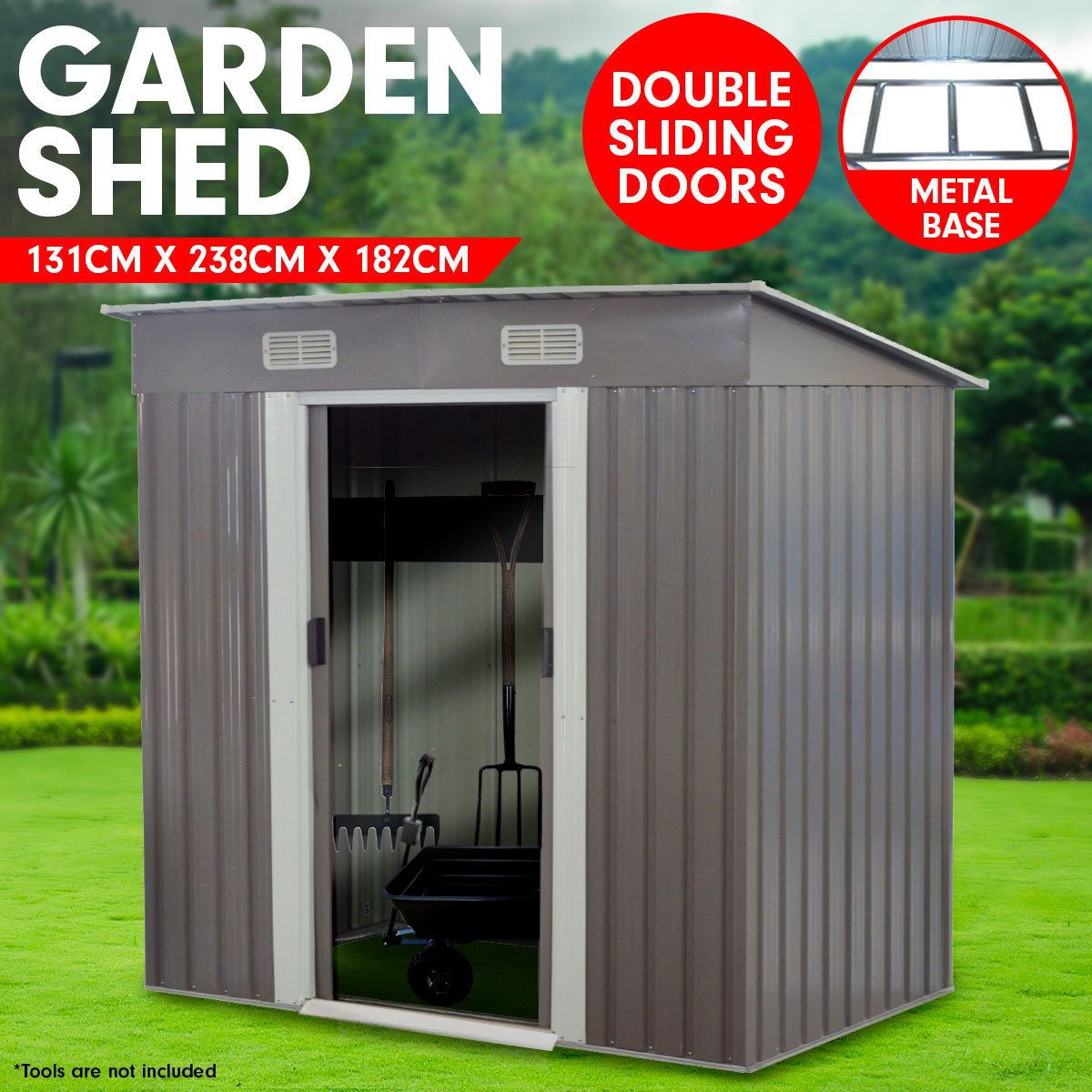 Wallaroo 4ft x 8ft Garden Shed with Base Flat Roof Outdoor Storage - Grey - Outdoorium