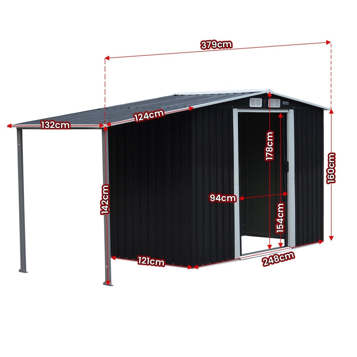 Wallaroo 4x8ft Zinc Steel Garden Shed with Open Storage - Black - Outdoorium