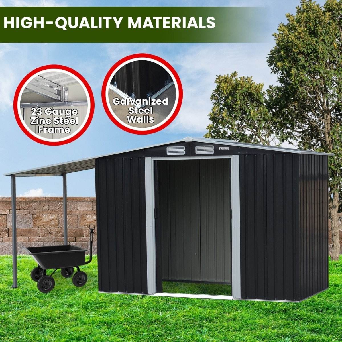 Wallaroo 4x8ft Zinc Steel Garden Shed with Open Storage - Black - Outdoorium