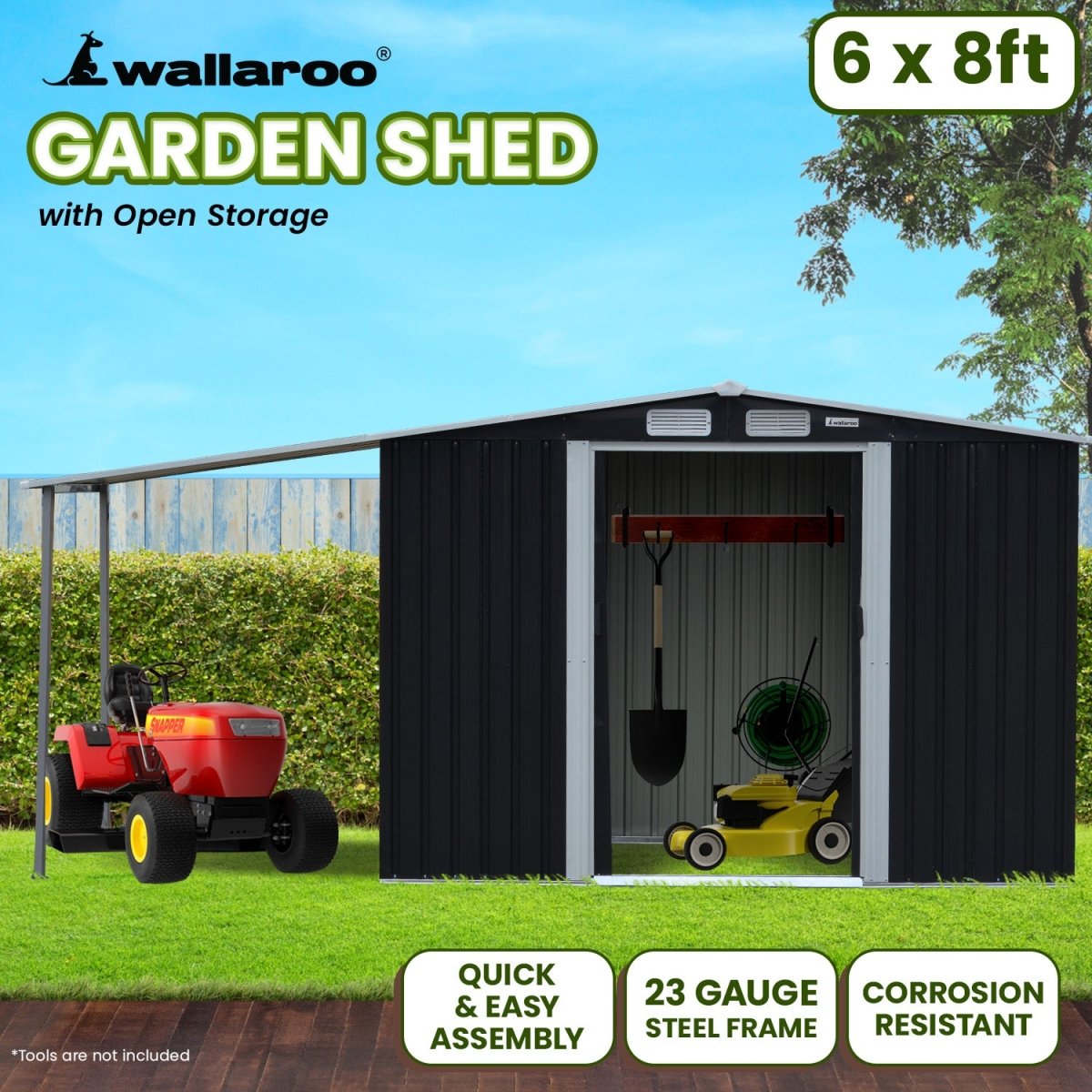 Wallaroo 6x8ft Zinc Steel Garden Shed with Open Storage - Black - Outdoorium