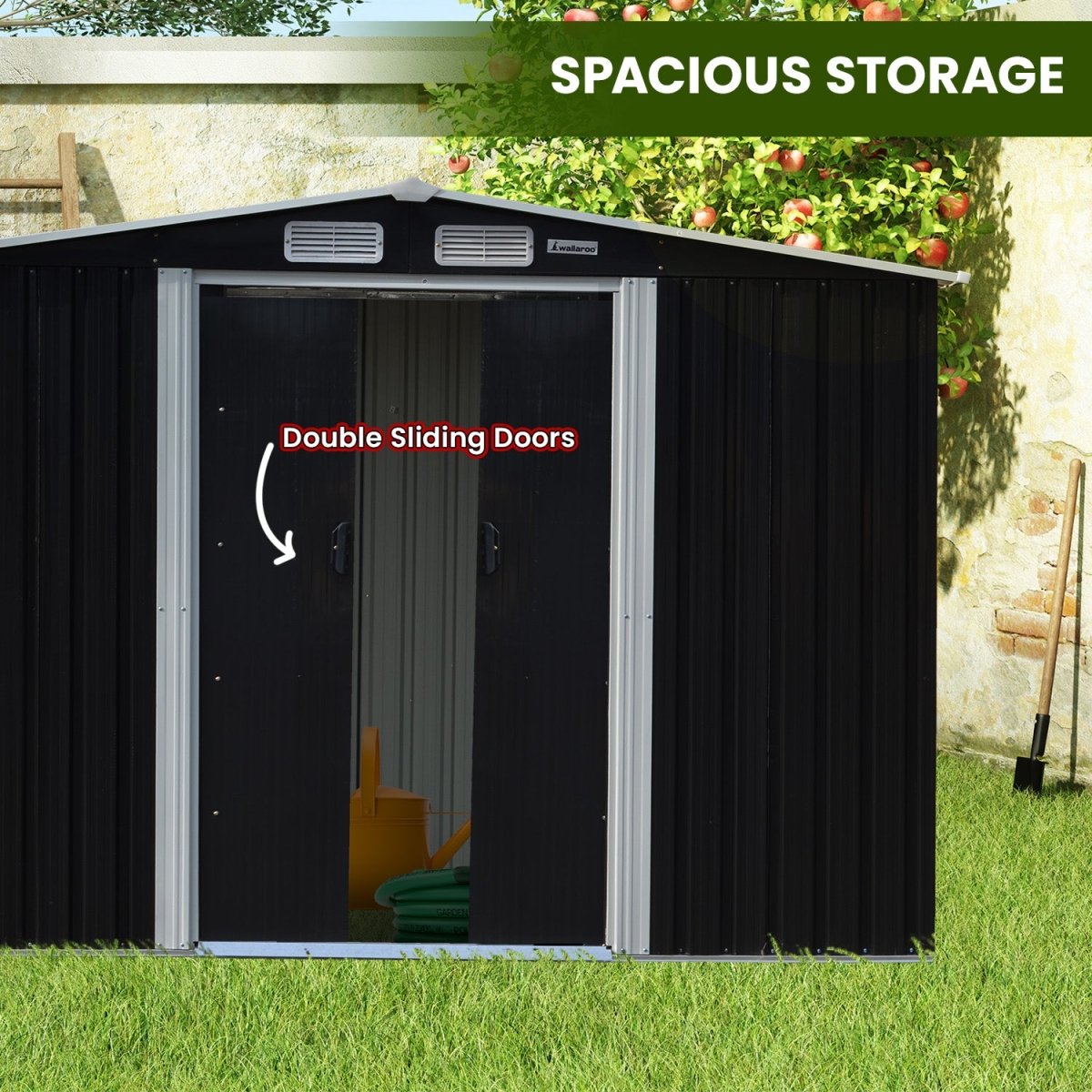 Wallaroo 6x8ft Zinc Steel Garden Shed with Open Storage - Black - Outdoorium