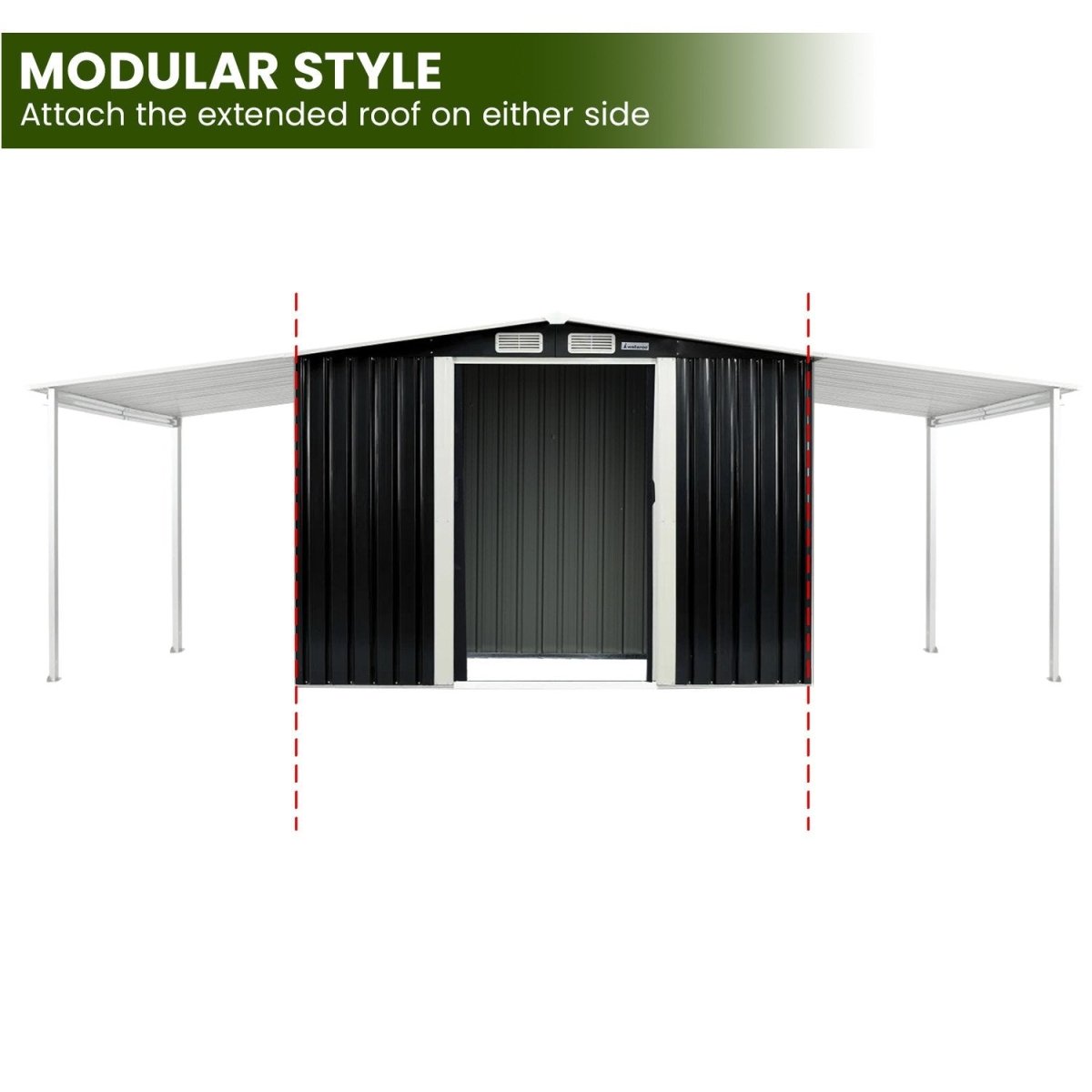 Wallaroo 6x8ft Zinc Steel Garden Shed with Open Storage - Black - Outdoorium