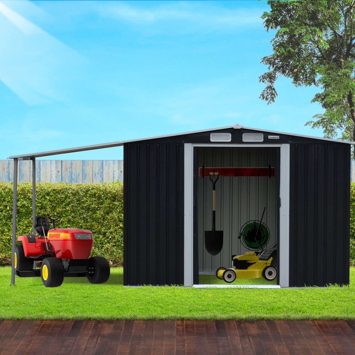 Wallaroo 6x8ft Zinc Steel Garden Shed with Open Storage - Black - Outdoorium