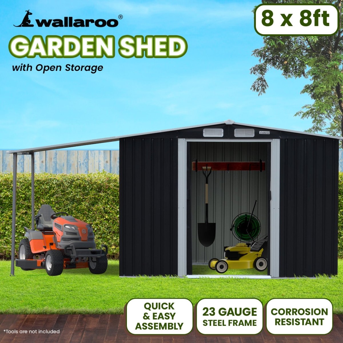 Wallaroo 8x8ft Zinc Steel Garden Shed with Open Storage - Black - Outdoorium