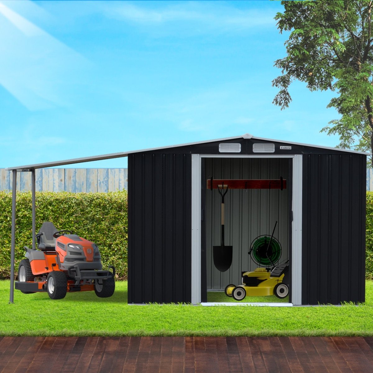 Wallaroo 8x8ft Zinc Steel Garden Shed with Open Storage - Black - Outdoorium