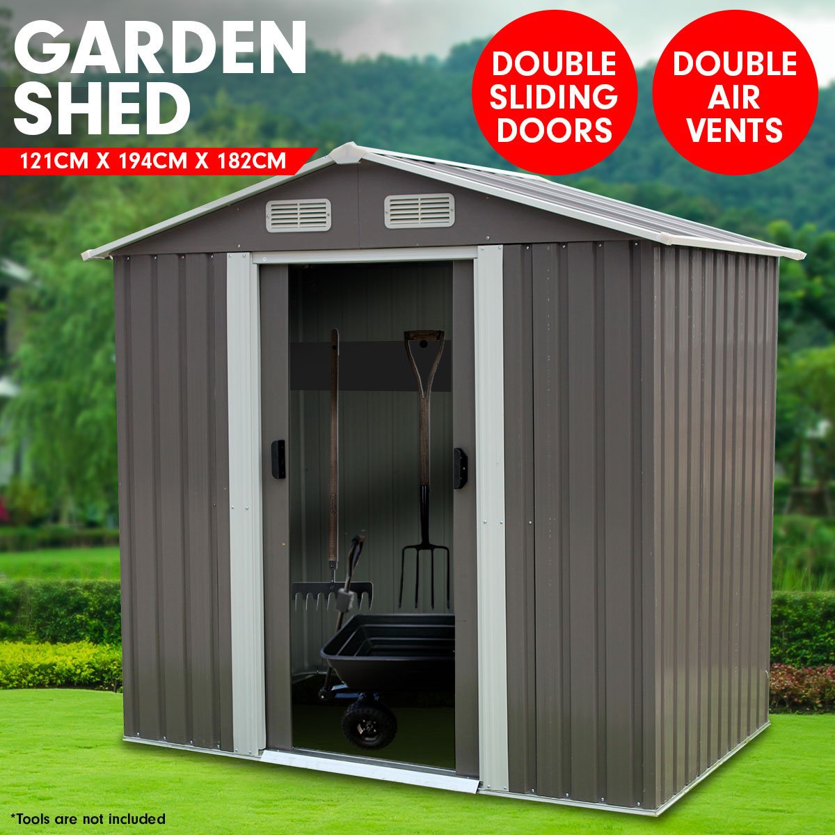 Wallaroo Garden Shed Spire Roof 4ft x 6ft Outdoor Storage Shelter - Grey - Outdoorium