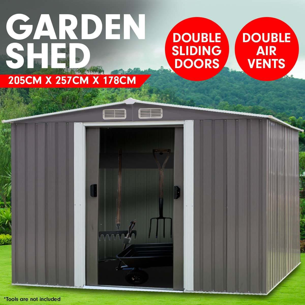 Wallaroo Garden Shed Spire Roof 6ft x 8ft Outdoor Storage Shelter - Grey - Outdoorium