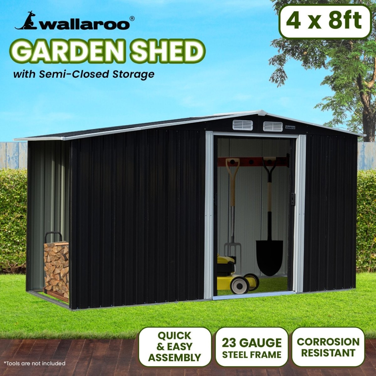 Wallaroo Garden Shed with Semi - Close Storage 4*8FT - Black - Outdoorium