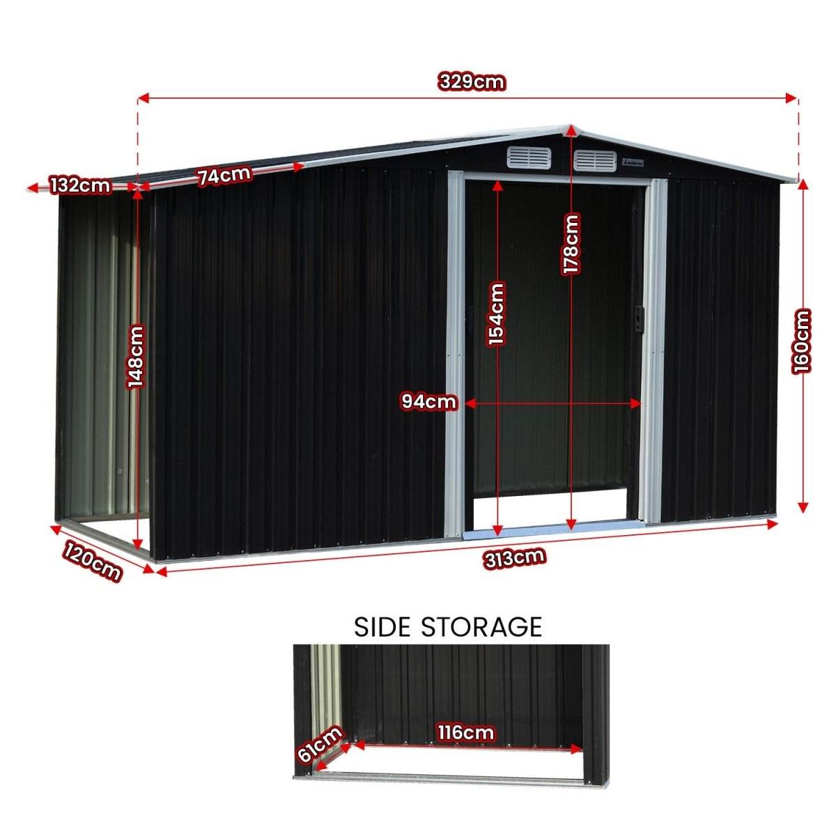 Wallaroo Garden Shed with Semi-Close Storage 4*8FT - Black - Outdoorium