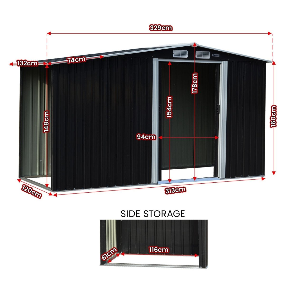 Wallaroo Garden Shed with Semi - Close Storage 4*8FT - Black - Outdoorium