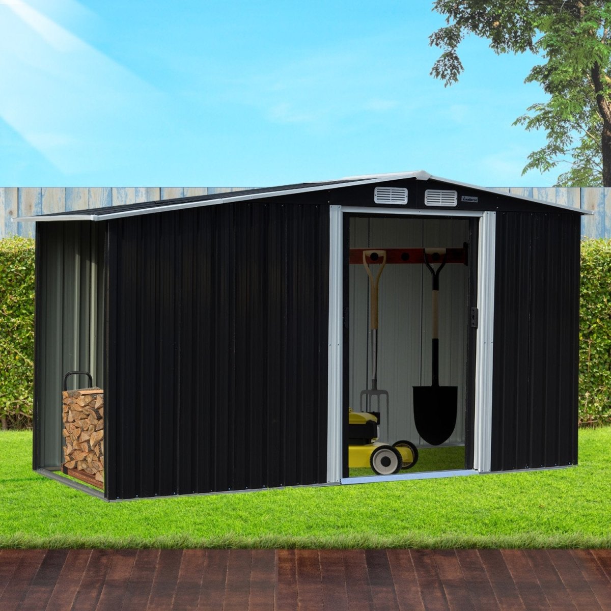 Wallaroo Garden Shed with Semi - Close Storage 4*8FT - Black - Outdoorium