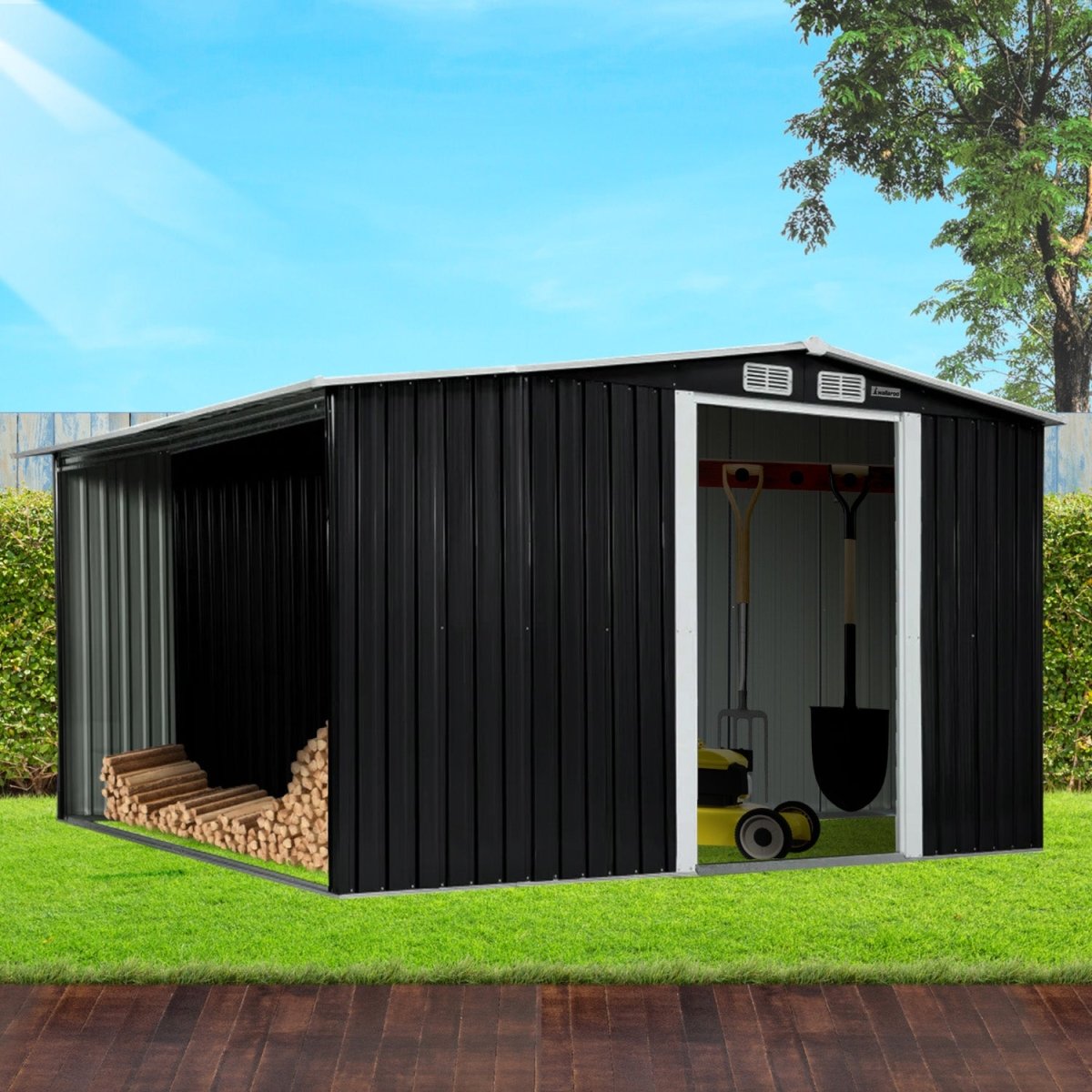 Wallaroo Garden Shed with Semi - Close Storage 6*8FT - Black - Outdoorium