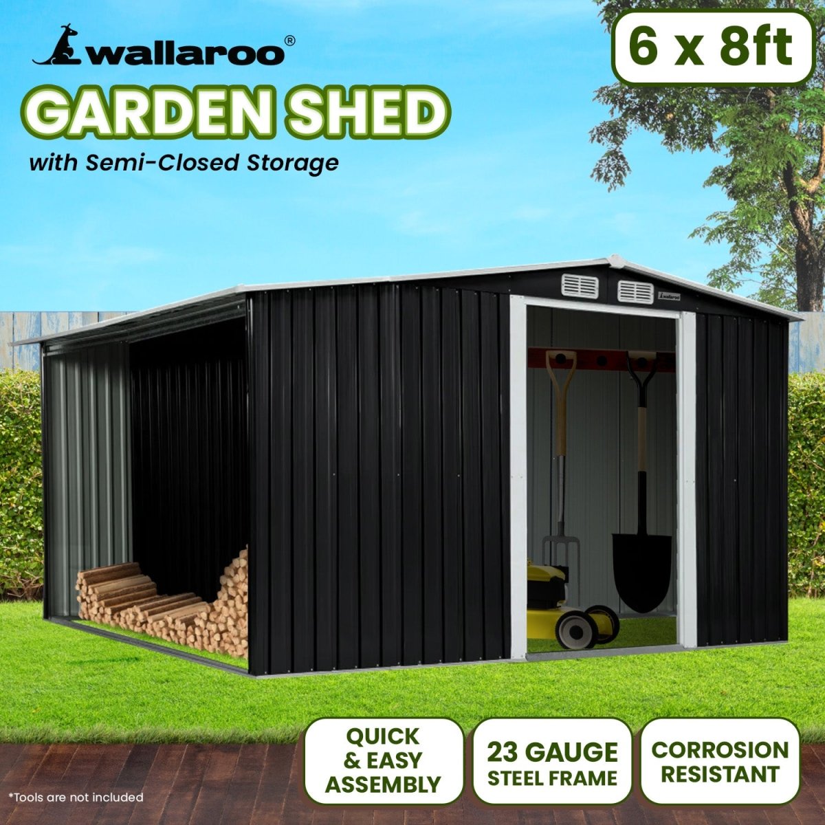 Wallaroo Garden Shed with Semi - Close Storage 6*8FT - Black - Outdoorium