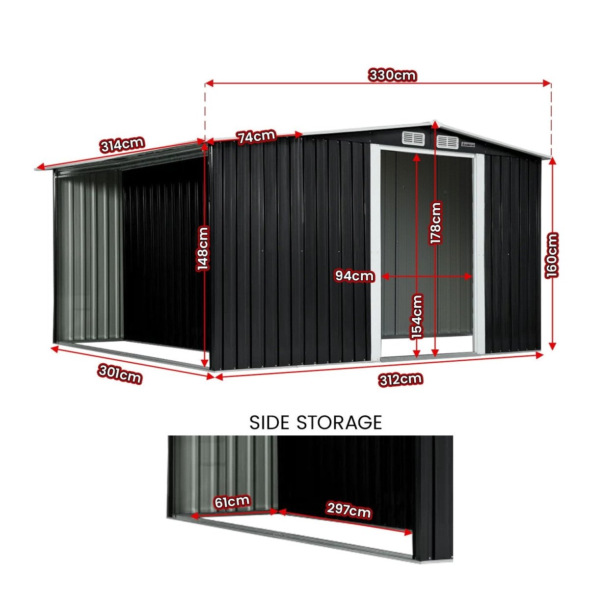 Wallaroo Garden Shed with Semi - Closed Storage 10*8FT - Black - Outdoorium