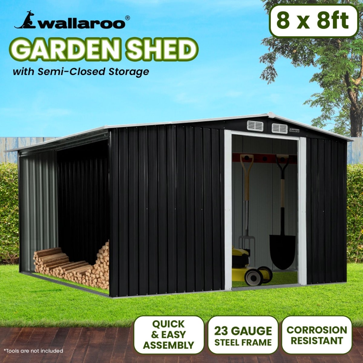 Wallaroo Garden Shed with Semi - Closed Storage 8*8FT - Black - Outdoorium