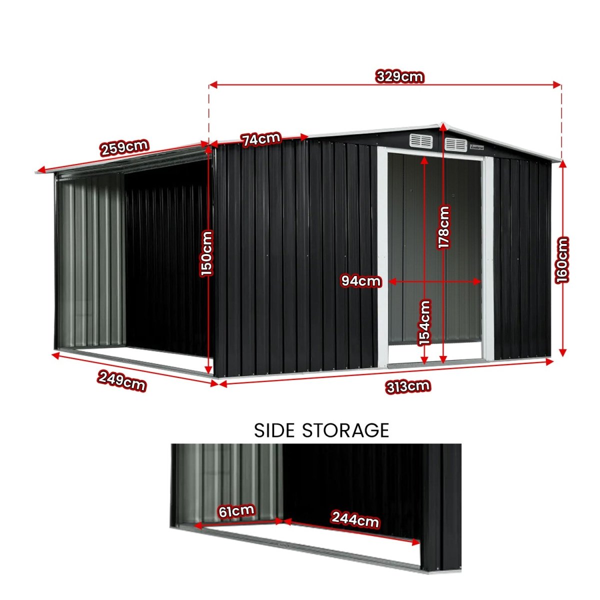 Wallaroo Garden Shed with Semi - Closed Storage 8*8FT - Black - Outdoorium