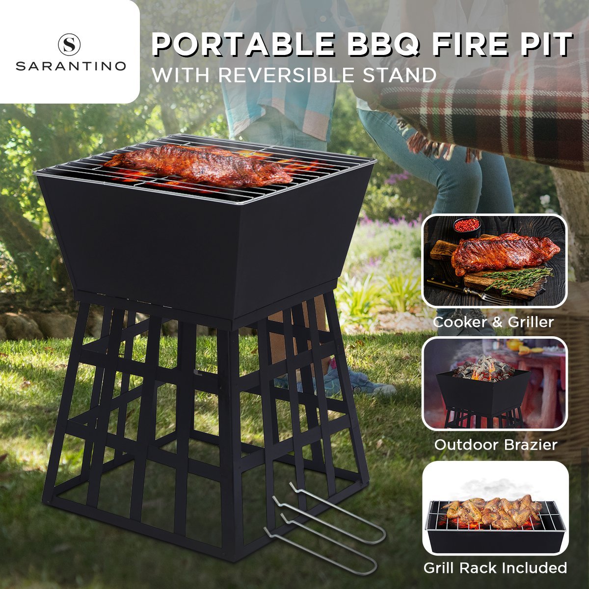 Wallaroo Outdoor Fire Pit for BBQ, Grilling, Cooking, Camping- Portable Brazier with Reversible Stand for Backyard - Outdoorium