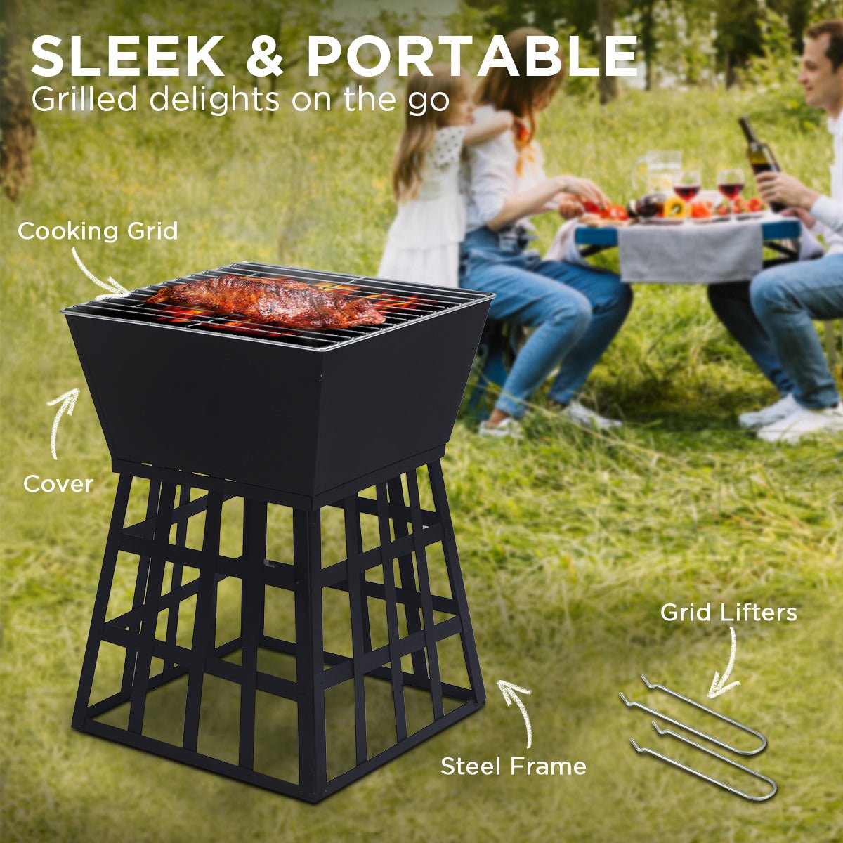 Wallaroo Outdoor Fire Pit for BBQ, Grilling, Cooking, Camping- Portable Brazier with Reversible Stand for Backyard - Outdoorium