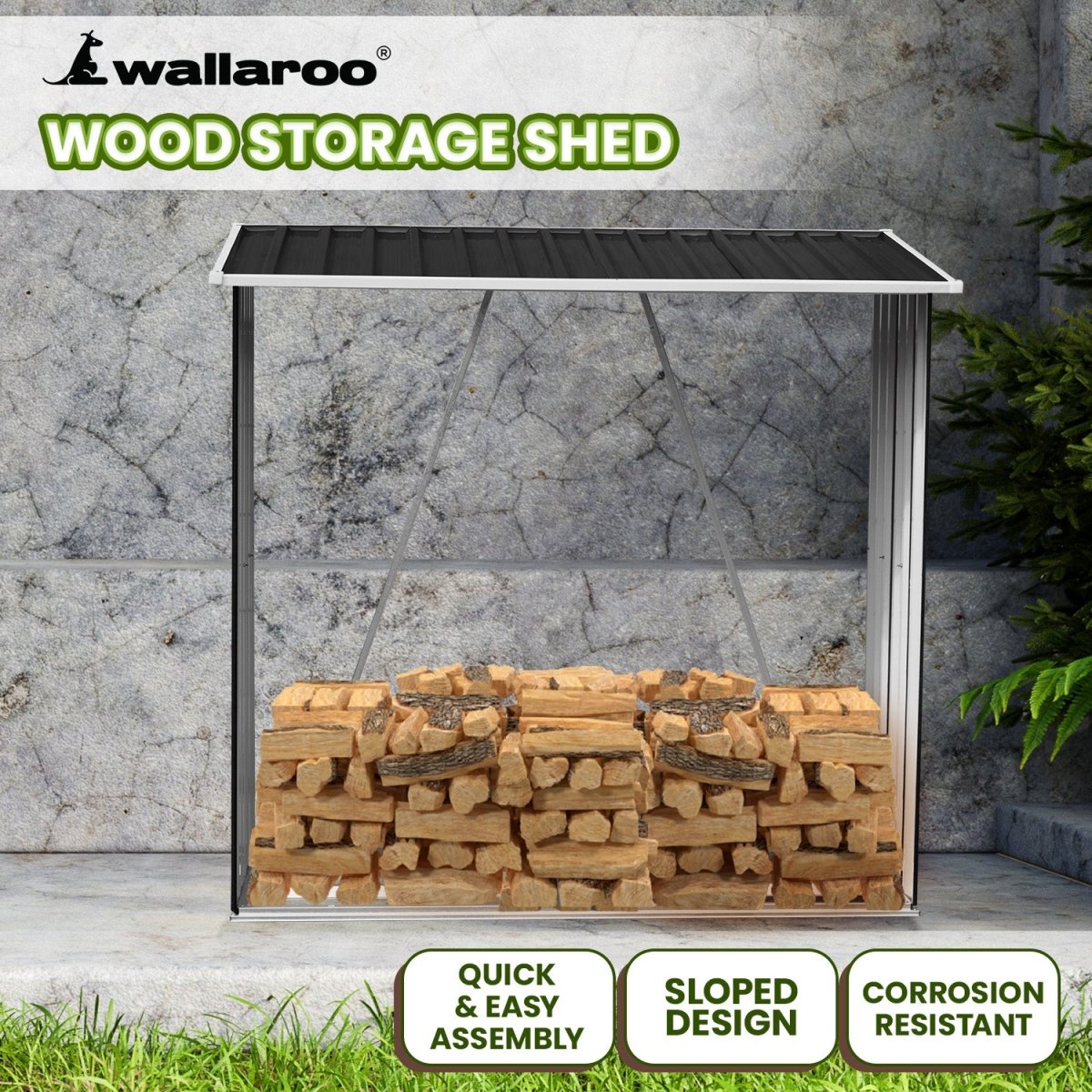 Wallaroo Wood Storage Shed Galvanized Steel - Black - Outdoorium