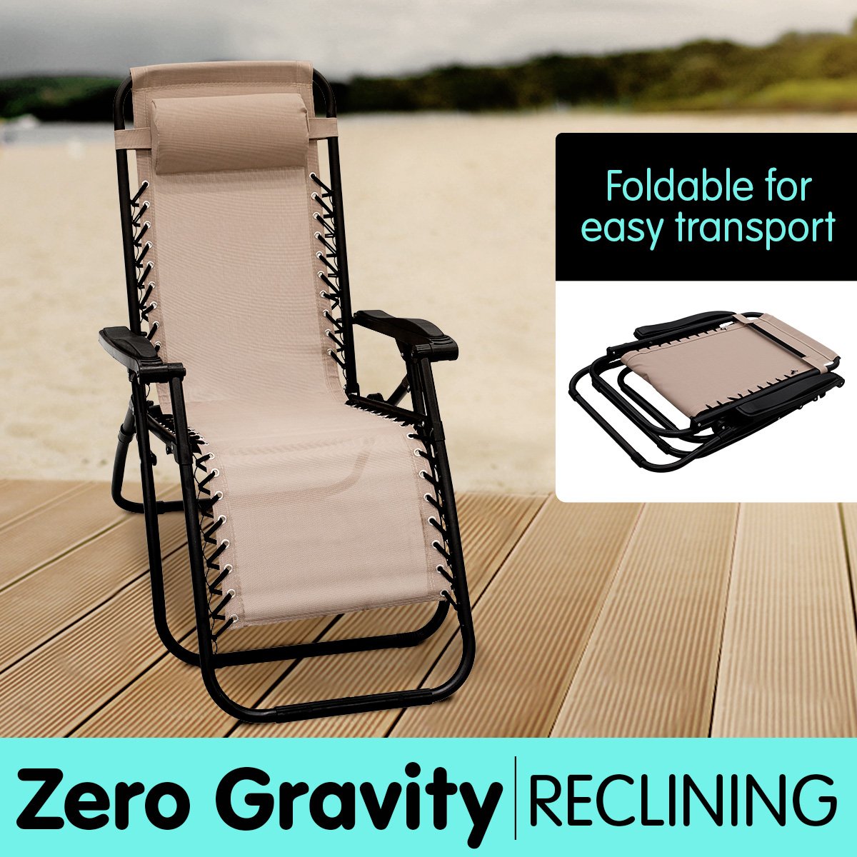 Wallaroo Zero Gravity Reclining Deck Lounge Sun Beach Chair Outdoor Folding Camping - Beige - Outdoorium