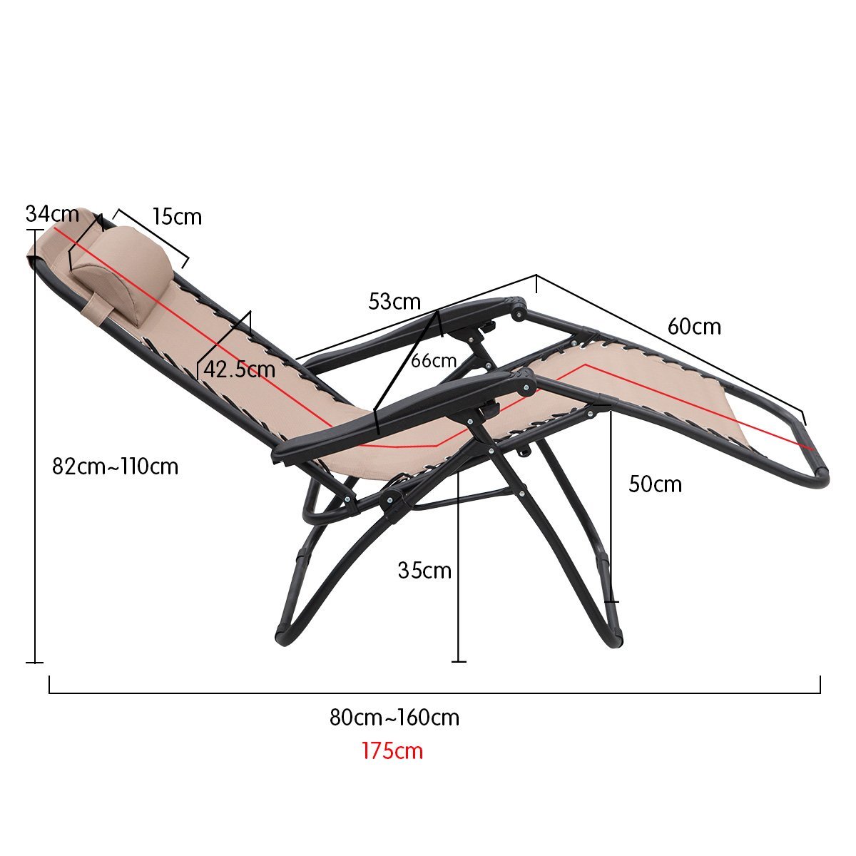 Wallaroo Zero Gravity Reclining Deck Lounge Sun Beach Chair Outdoor Folding Camping - Beige - Outdoorium