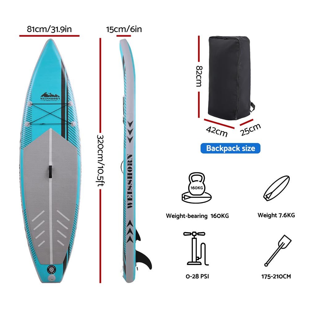 Weisshorn Stand Up Paddle Board 10.5ft Inflatable SUP Surfboard Paddleboard Kayak Surf Green - Outdoorium