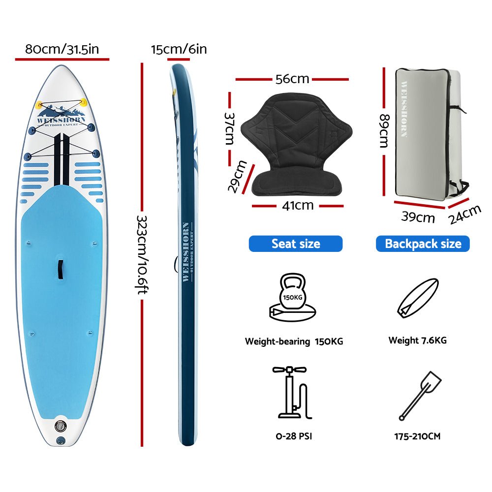 Weisshorn Stand Up Paddle Board 10.6ft Inflatable SUP Surfboard Paddleboard Kayak Surf Blue - Outdoorium