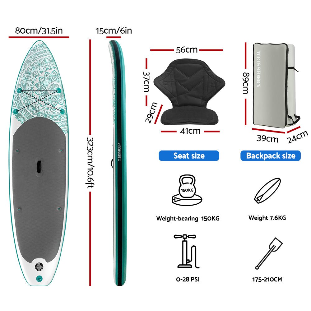 Weisshorn Stand Up Paddle Board 10.6ft Inflatable SUP Surfboard Paddleboard Kayak Surf Green - Outdoorium