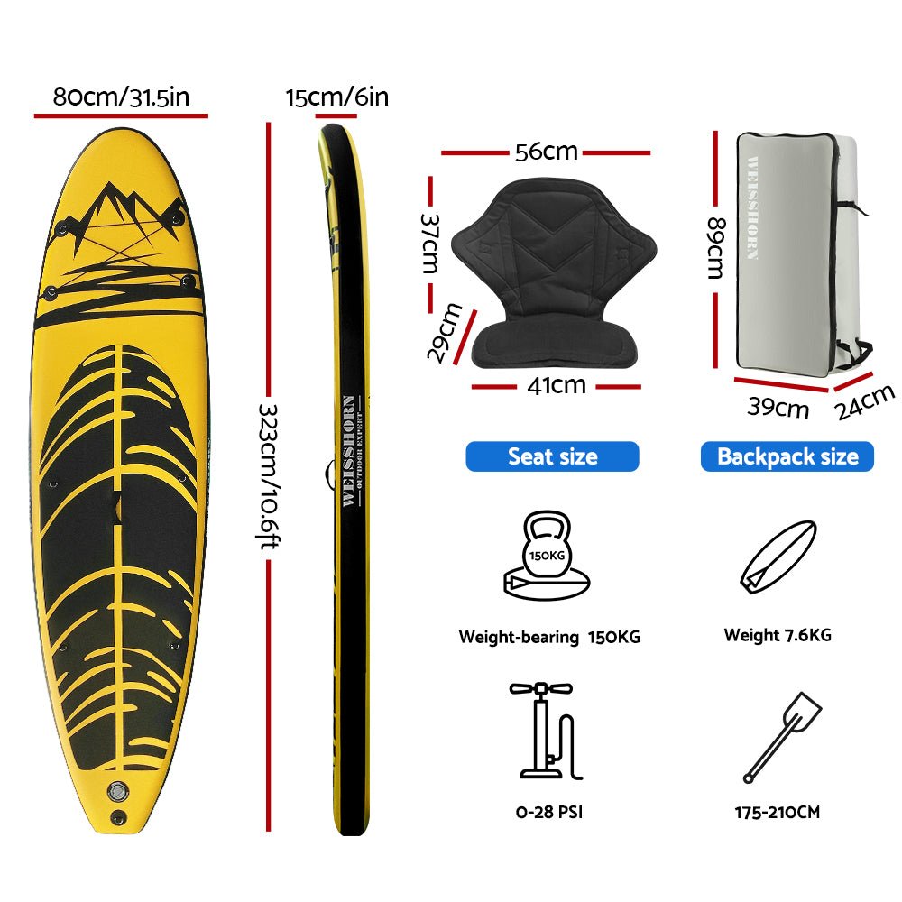 Weisshorn Stand Up Paddle Board 10.6ft Inflatable SUP Surfboard Paddleboard Kayak Surf Yellow - Outdoorium