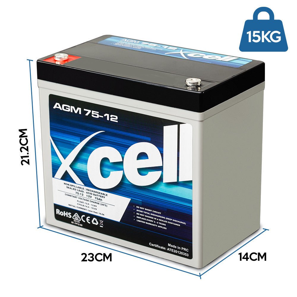 X - CELL AGM Battery 12V 75Ah Portable Sealed SLA Camping Solar Marine - Outdoorium