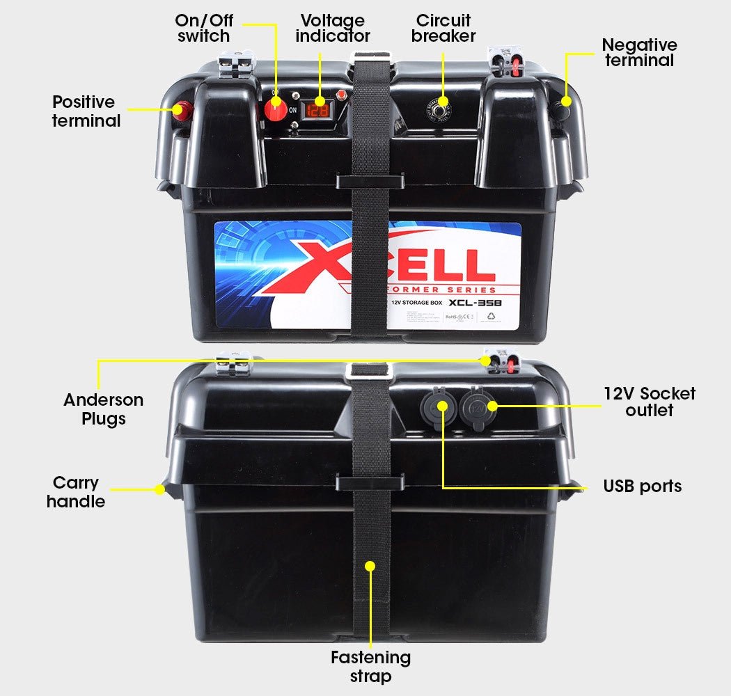 X - CELL Deep Cycle Battery Box Marine Storage Case 12v Camper Camping Boat Power - Outdoorium