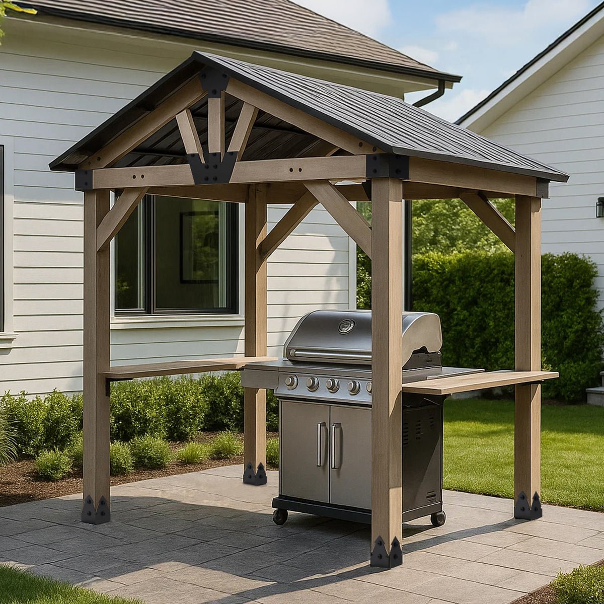Yardtopia Oslo 2.4m x 1.8m BBQ/Grill Timber & Steel Gable Roof Gazebo | Outdoorium