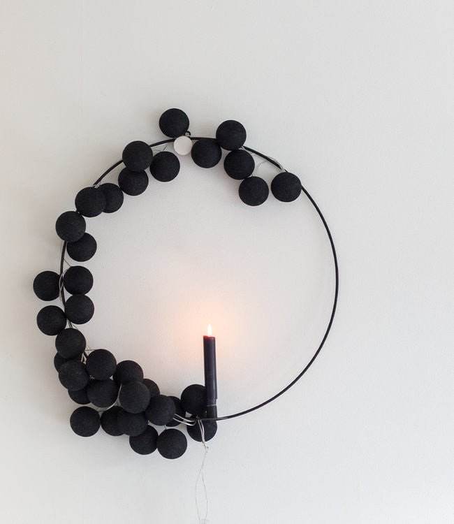 1 Set of 20 LED Black 5cm Cotton Ball Battery Powered String Lights Christmas Gift Home Wedding Party Bedroom Decoration Outdoor Indoor Table Centrepiece - Outdoorium